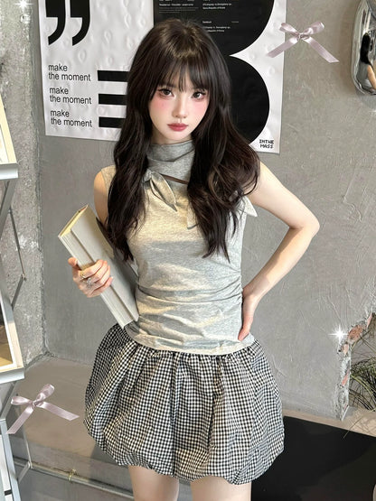 Girly Gray Bow Sleeveless Top