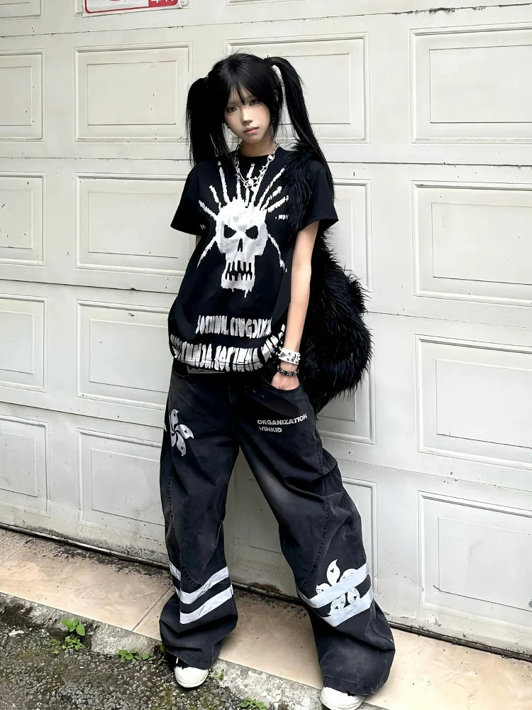 American Y2K Silver Skull Print Tee Black Fitted Short Sleeve Punk Visual Kei Top