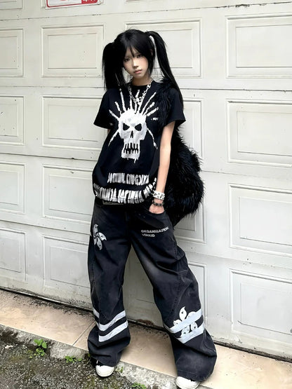 American Y2K Silver Skull Print Tee Black Fitted Short Sleeve Punk Visual Kei Top