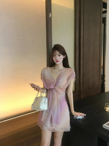 Vibrant Pink V-Neck Ombre Tulle Mini Dress