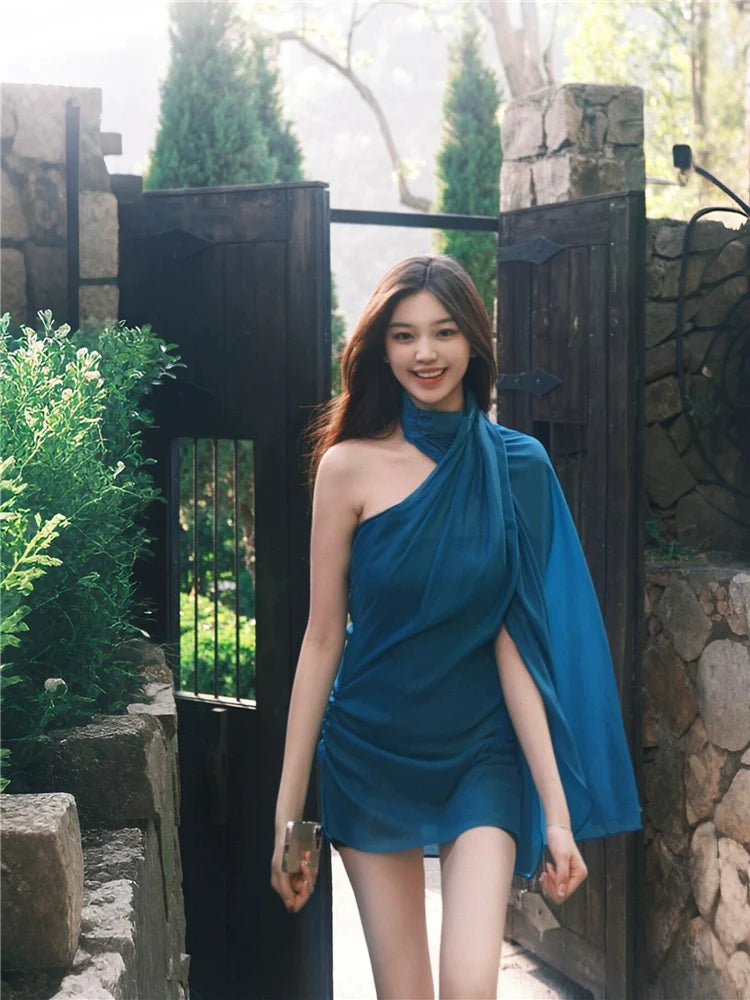 Iridescent Blue Halter Off-The-Shoulder Mini Dress