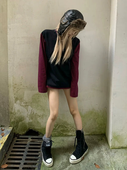 Punk Visual Stripe Skull Long Sleeve Tee Autumn Y2K Lightweight Top Unique Fashion