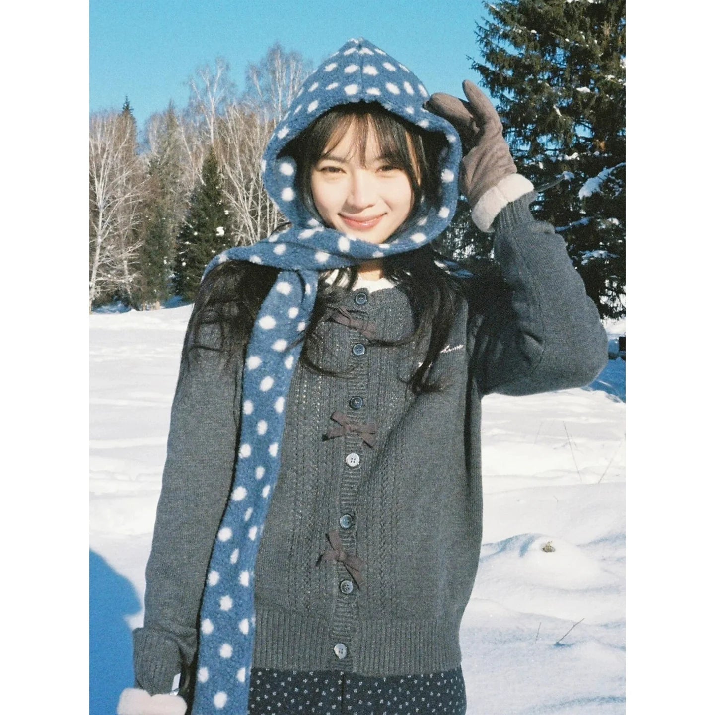 Korean Lazy Gray Knit Cardigan Autumn-Winter Vintage Open Front Sweater with Bow Detail