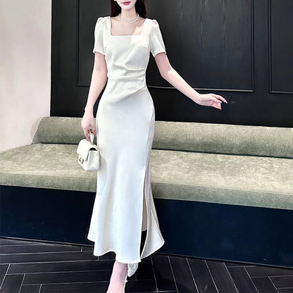 French White Short Sleeve Satin Engagement Gown Dress