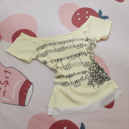 Apricot Vintage Off-The-Shoulder Print Y2K T-Shirt