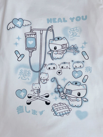 Light Blue (Mizuiro) Subculture Y2K E-girl Nurse Cat Striped Asymmetrical-neck Print Oversized Top