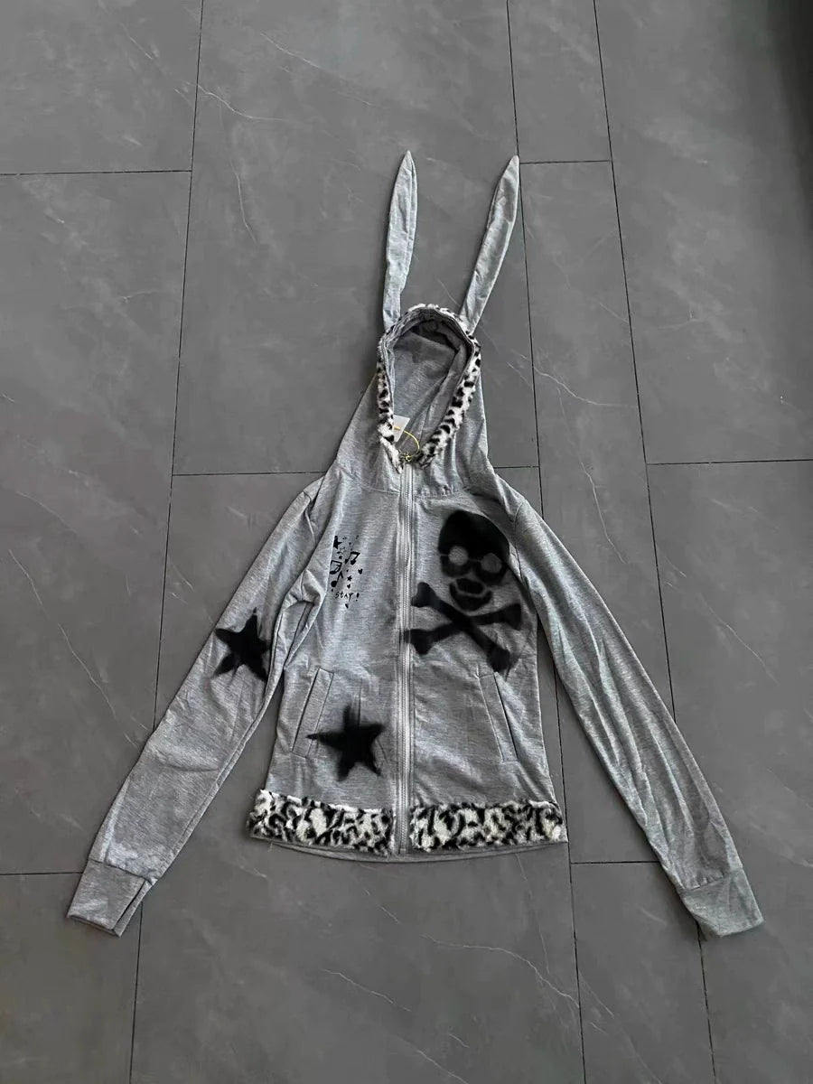 Gray Remake Hoodie Jacket Subculture Punk Y2K E-girl Bunny Ear Skull & Leopard Star Autumn/Winter Jacket