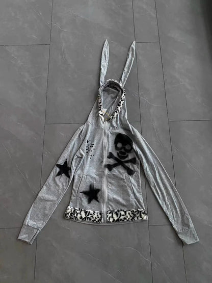 Gray Remake Hoodie Jacket Subculture Punk Y2K E-girl Bunny Ear Skull & Leopard Star Autumn/Winter Jacket