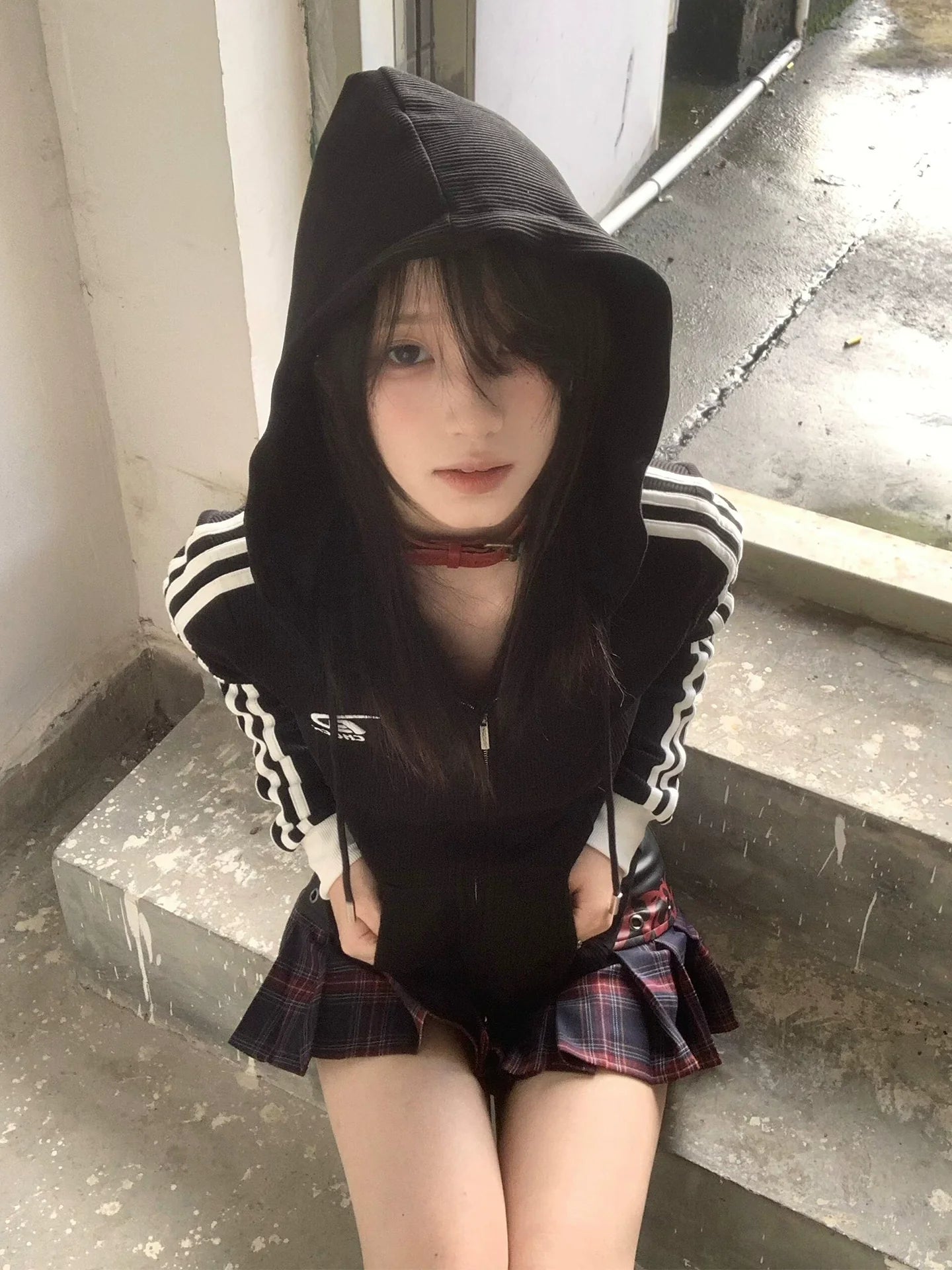 American Retro Black Zip Hoodie Slim Fit Hot Girl Outerwear