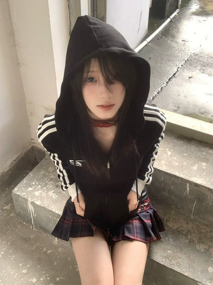 American Retro Black Zip Hoodie Slim Fit Hot Girl Outerwear