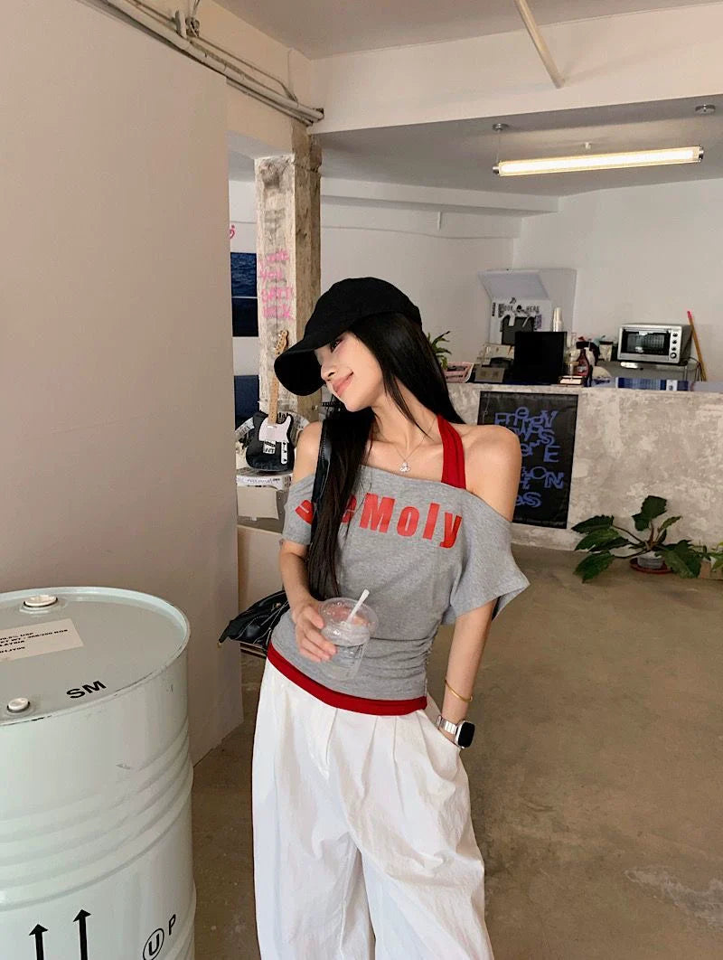 Light Gray Halter Fake Two-Piece Y2K T-Shirt