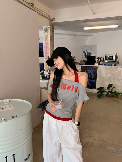 Light Gray Halter Fake Two-Piece Y2K T-Shirt