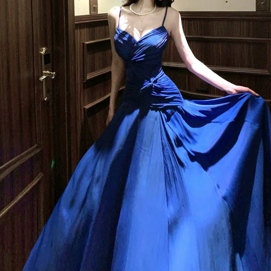 French Asymmetrical Blue Spaghetti Strap Satin Gown Dress