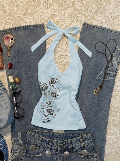 Blue American Vintage Rose Print Halter Y2K Tank Top