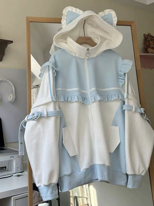 Blue & White Virtual Human Hoodie [Spring-Autumn] Subculture Y2K Anime Cat-Ear Hooded Fleece-Lined Jacket