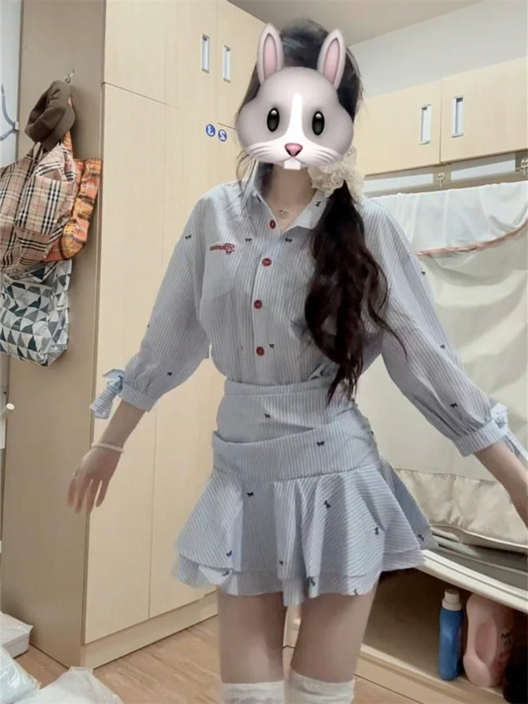 Blue-White Stripe Collared Mid-Sleeve Shirt Waist-Cinched Ruffled Summer Mini Dress