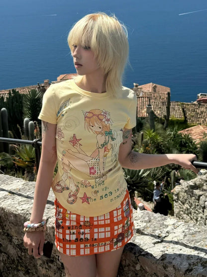 Yellow Anime Print Short Sleeve Tee Summer Slim Fit Y2K Otaku Style Top