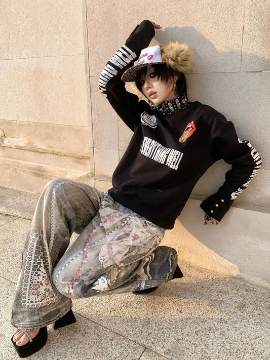 Y2K Black Leopard Tongue Hoodie