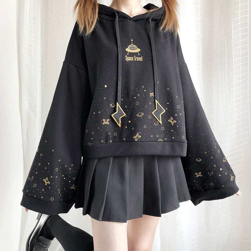 Black Y2K Japanese Bell-Sleeve Hoodie