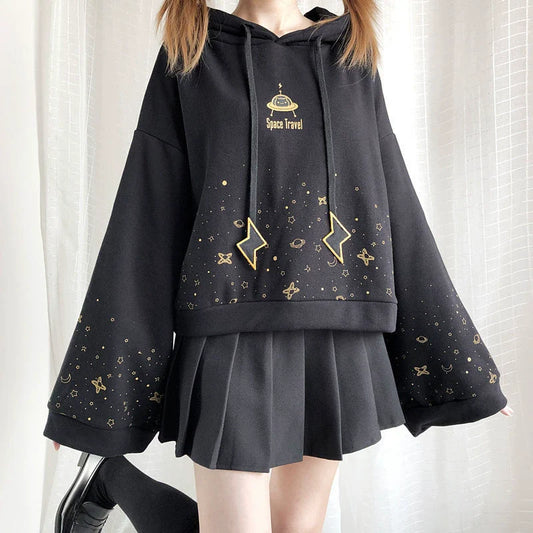 Black Y2K Japanese Bell-Sleeve Hoodie