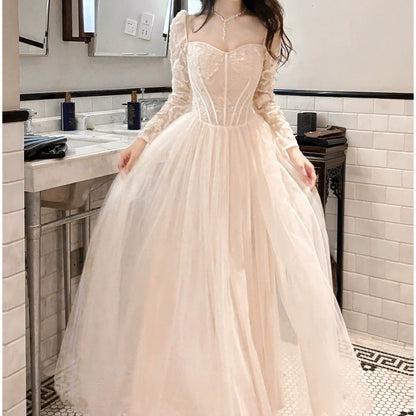 French Luxury Mesh Long Sleeve Bone Gown Dress