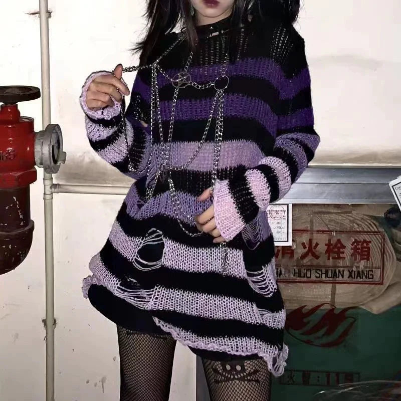 Purple Layer Gradient Y2K Punk Distressed Stripe Sweater