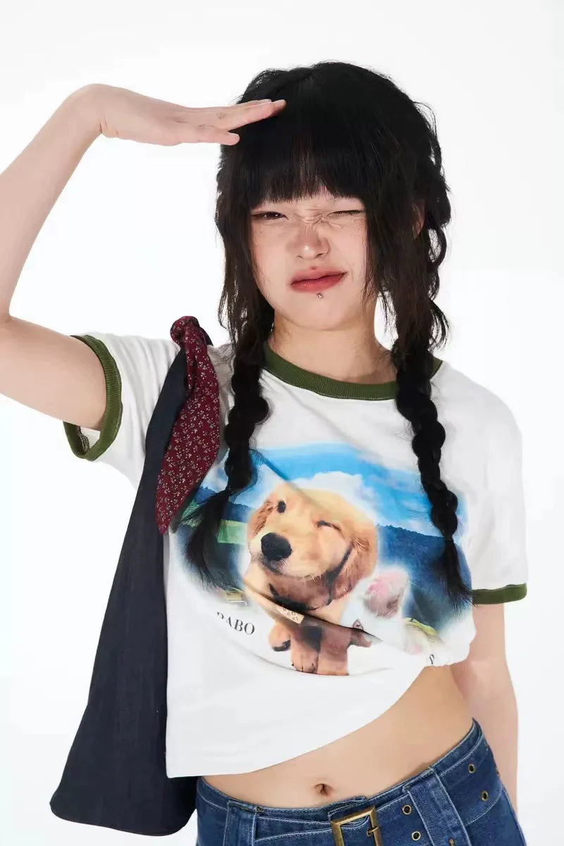 Milky White Subculture Y2K Soft Girl Puppy & Cat Print Short Top