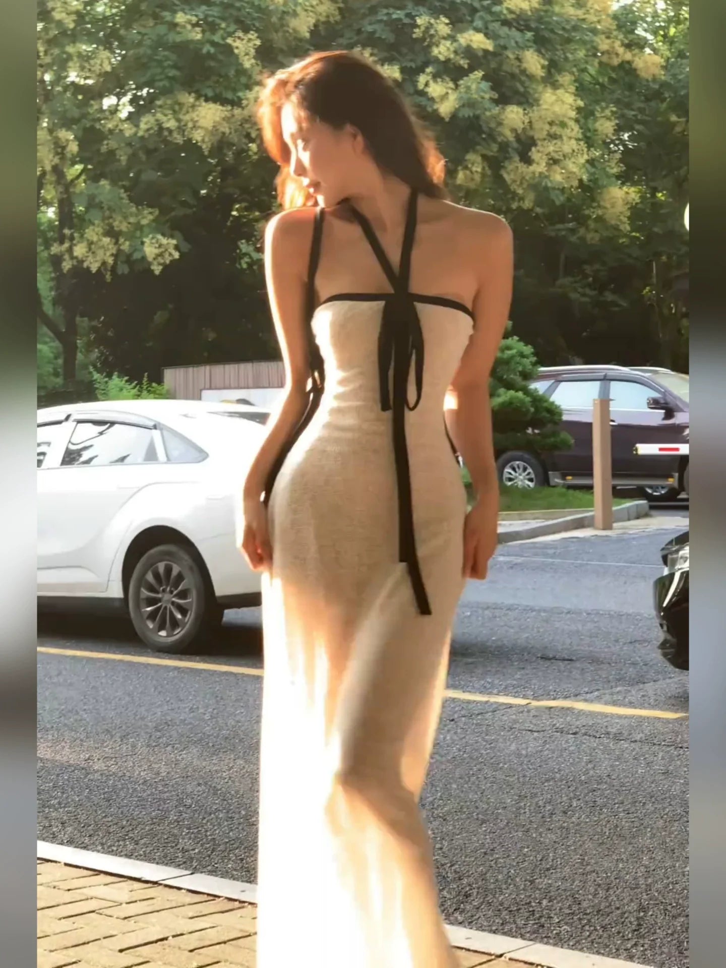 Pure Desire Sexy White Open-Back Halter Tube Top Waist-Cinched Maxi Dress