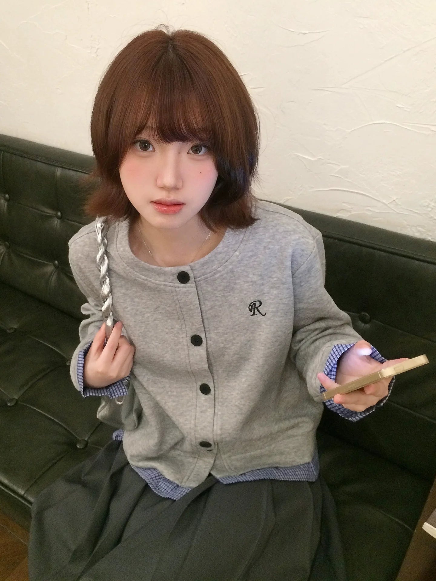 Korean Plaid Layered Cardigan Hoodie  Two-Piece Effect Sweatshirt Preppy Outerwear