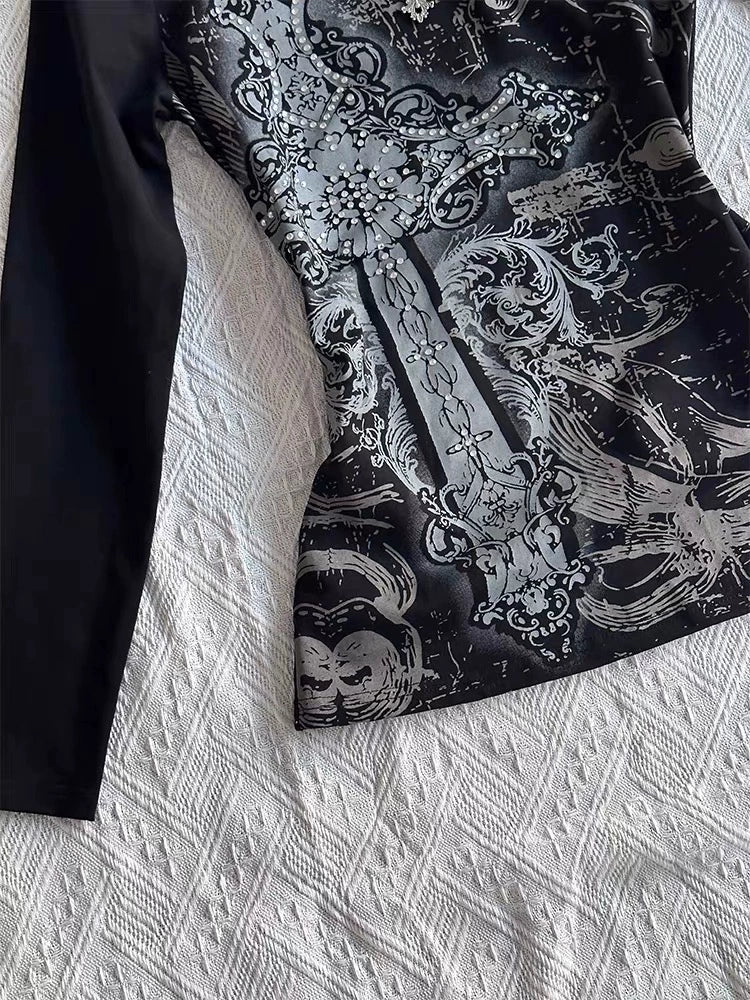 Black Tie-Dye V-Neck Long Sleeve Tee Y2K Top