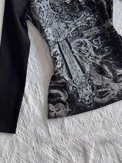 Black Tie-Dye V-Neck Long Sleeve Tee Y2K Top