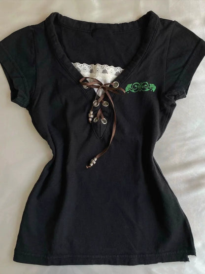 Black V-neck Fake Two-Piece Subculture Y2K E-girl Abi Vintage Short Sleeve Top