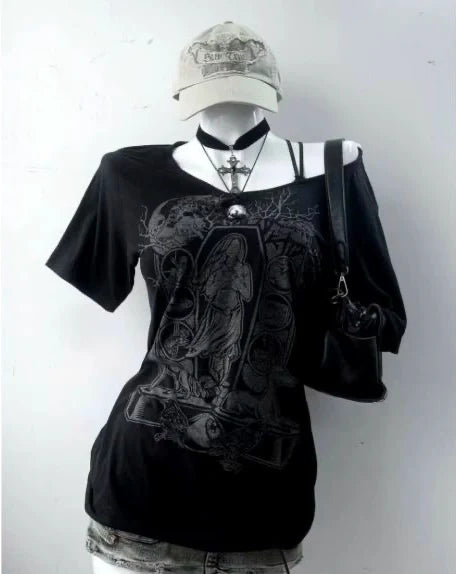 Black Punk Y2K E-girl American Retro Off-Shoulder Paneled Short Sleeve Top