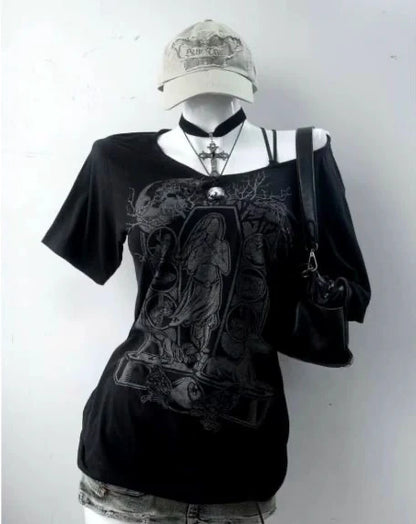 Black Punk Y2K E-girl American Retro Off-Shoulder Paneled Short Sleeve Top