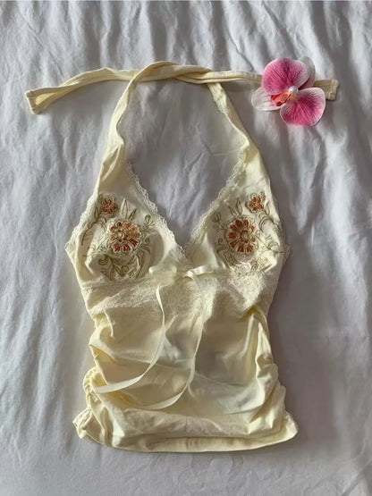 Pink Subculture Y2K E-girl Abi American Retro Embroidery Halter Tank Top