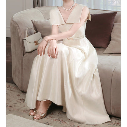 French Satin Sleeveless V-Neck Waist Gown Dress – Luxury Evening Dress