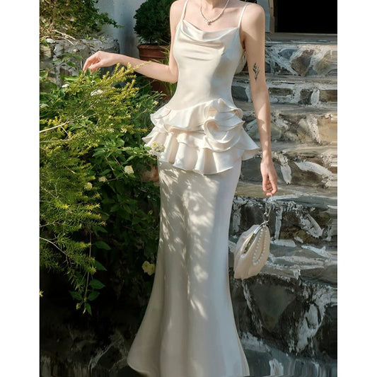 French Floral Satin Spaghetti Gown Dress – High-End Party Dress