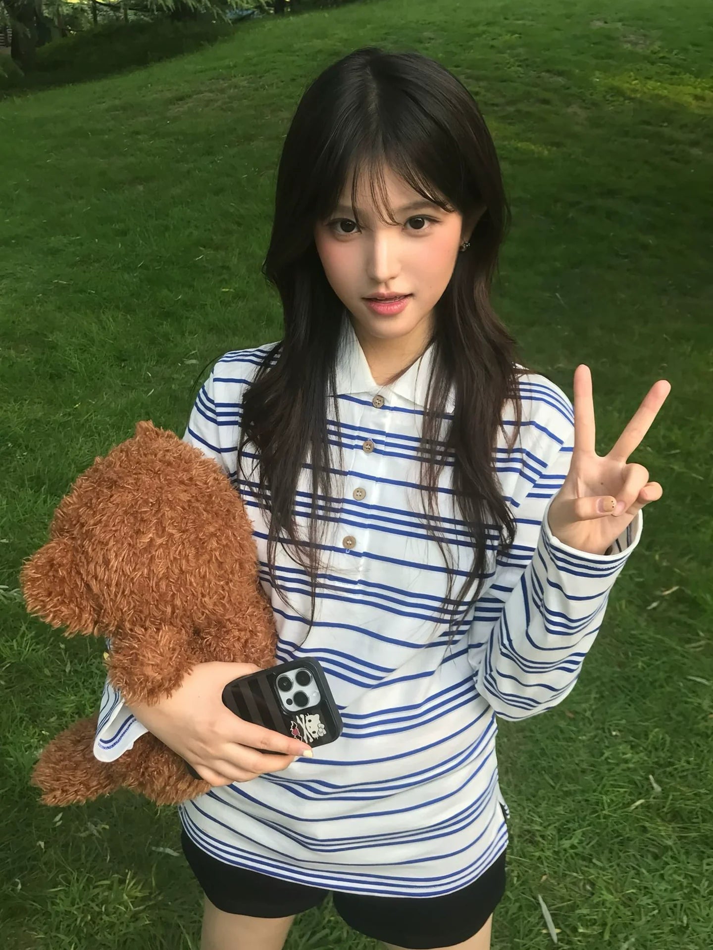 Blue-White Striped Polo Long Sleeve Korean Retro Loose Top