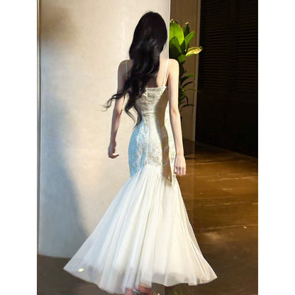 French Lace Tulle Halter Mermaid Gown Dress