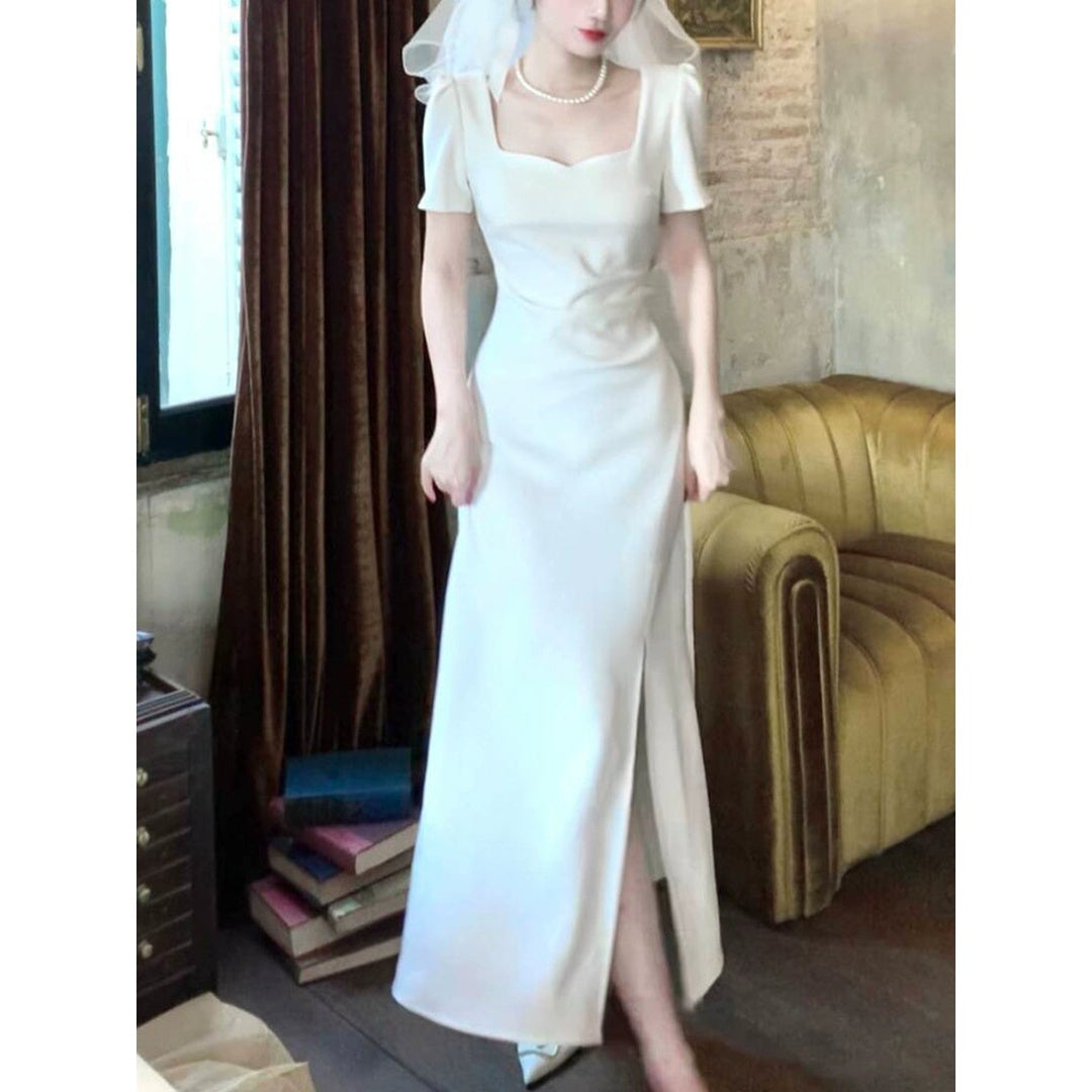 French Short Sleeve Square Neck Gown Dress