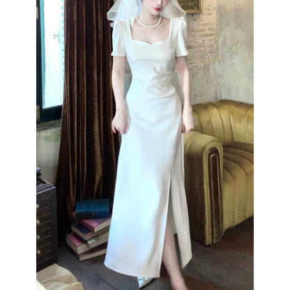 French Short Sleeve Square Neck Gown Dress