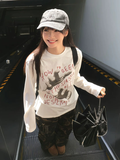 Korean Comfy White Long Sleeve Loose Fit Base Layer Top