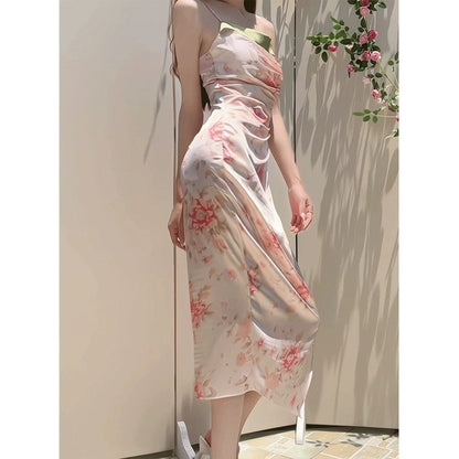 French Vintage Tea Party Green Floral Spaghetti Strap Gown – Summer Resort Dress