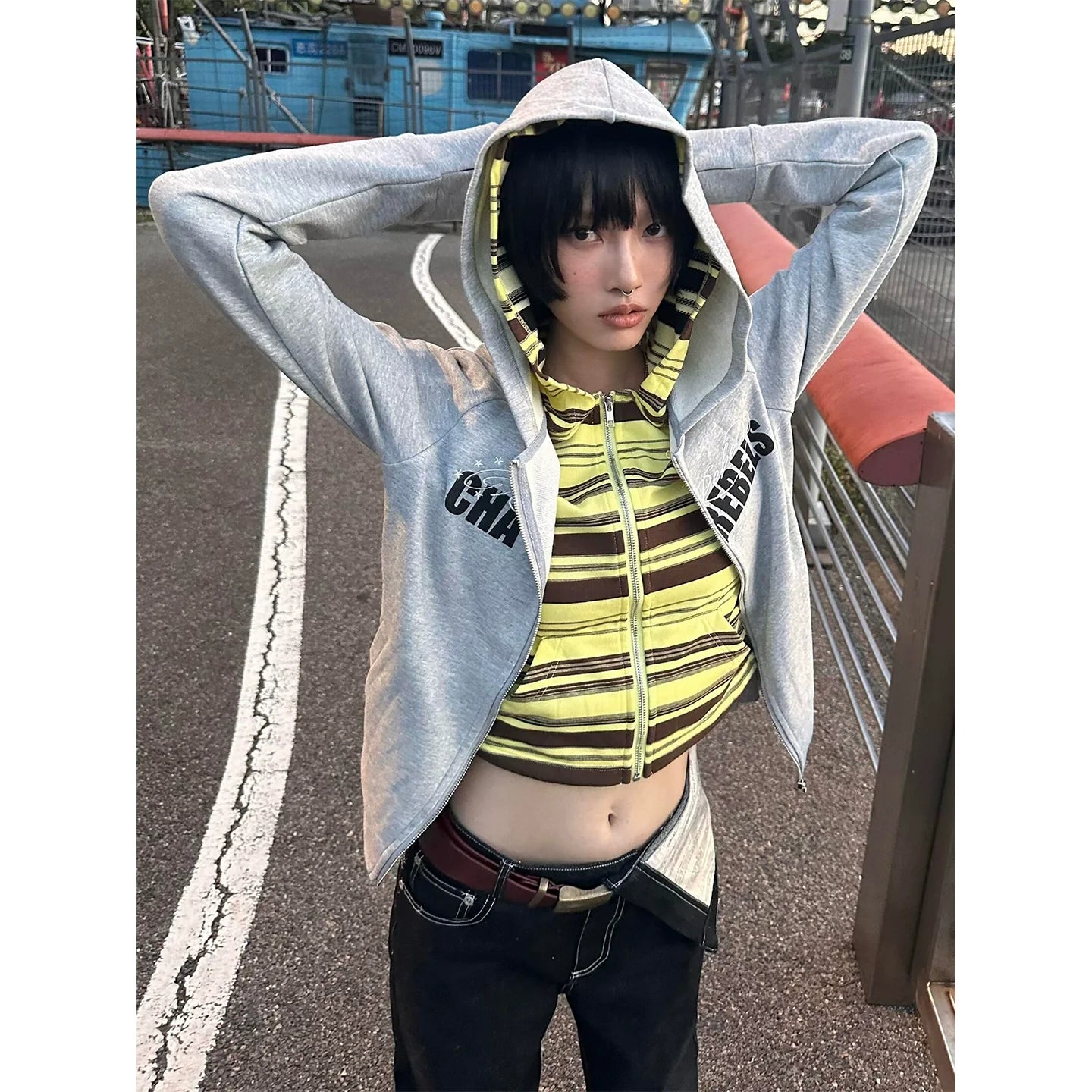 Colorblock Zip Up Hoodie Faux Layered Top Slim Fit