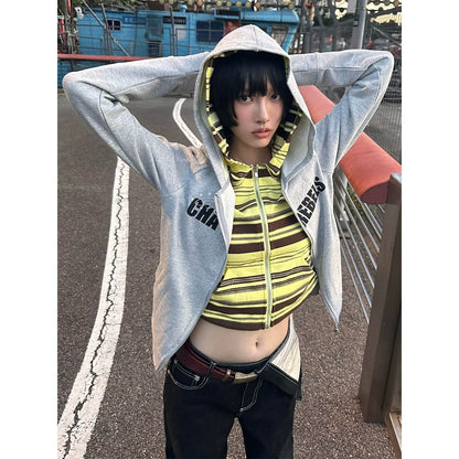 Colorblock Zip Up Hoodie Faux Layered Top Slim Fit