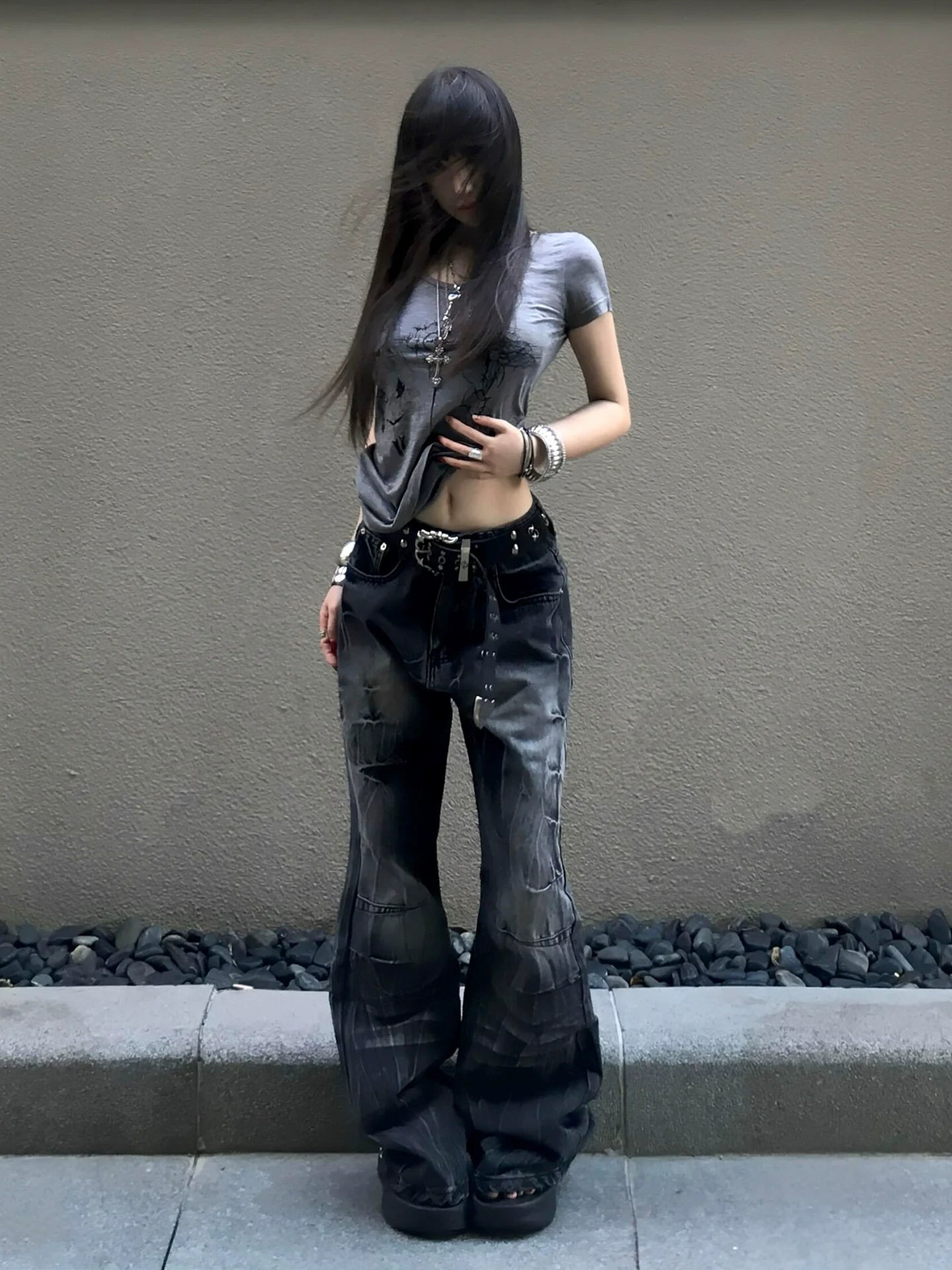 Subculture Distressed Fitted Short Sleeve Tee Y2K Light Asian Vintage Top