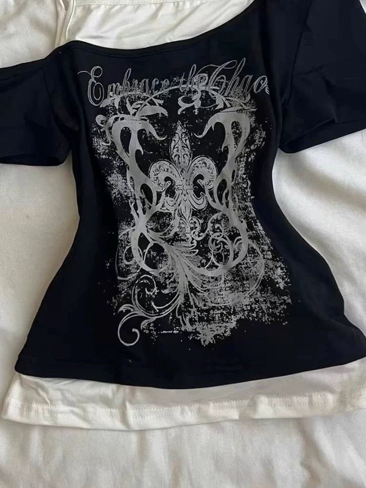 Black Subculture Y2K Abi E-girl American Retro Fake Two-Piece Asymmetrical Shoulder Print Short Sleeve Top