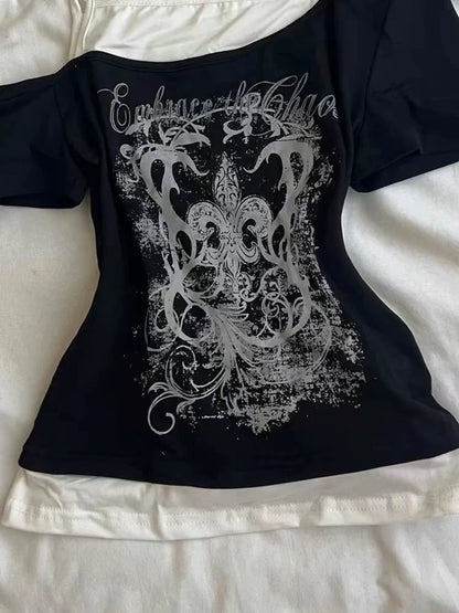 Black Subculture Y2K Abi E-girl American Retro Fake Two-Piece Asymmetrical Shoulder Print Short Sleeve Top