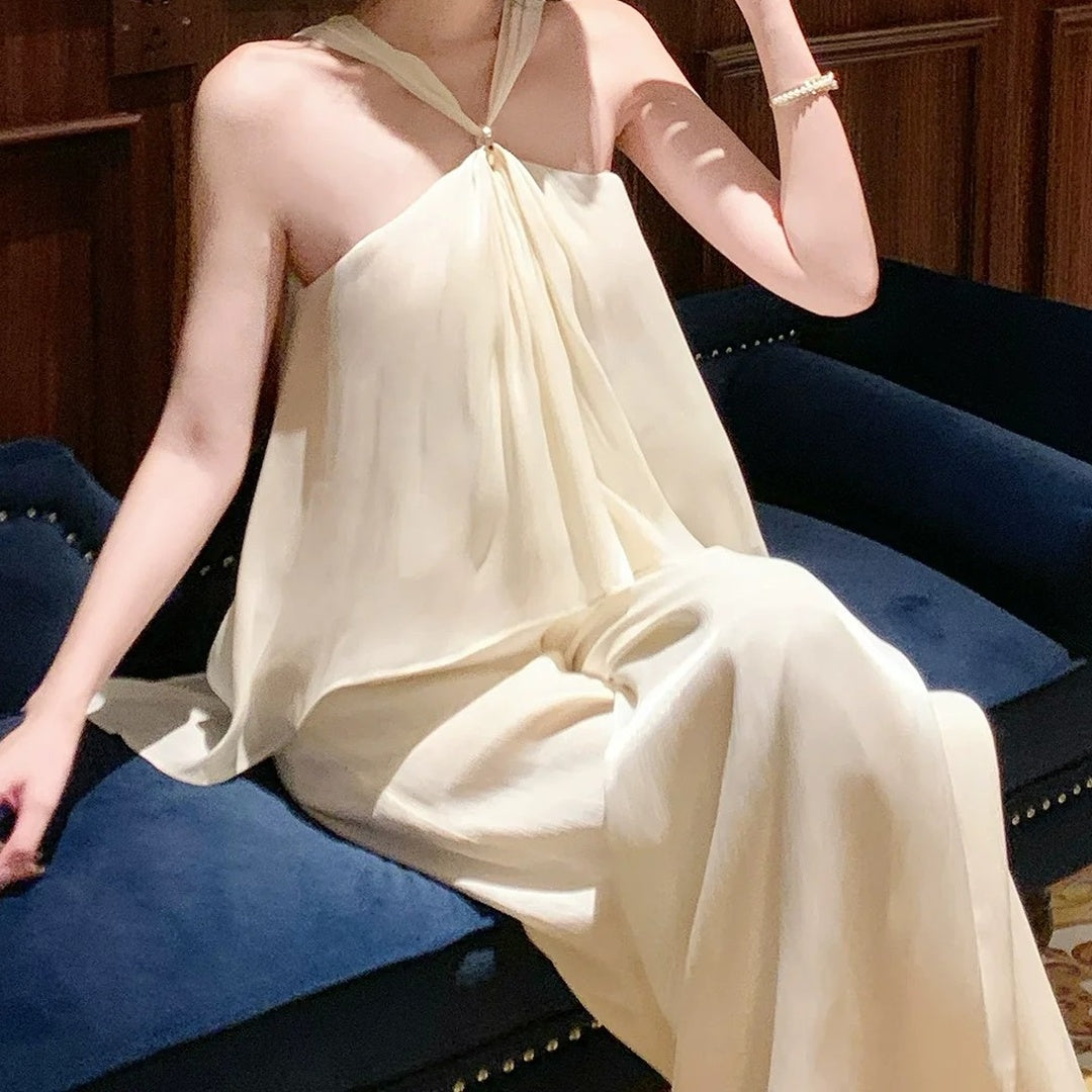 Old Money Shimmer Asymmetrical Spaghetti Strap Pants Set