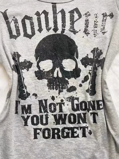 Gray Skull Letter Print Slim Tee Y2K Top